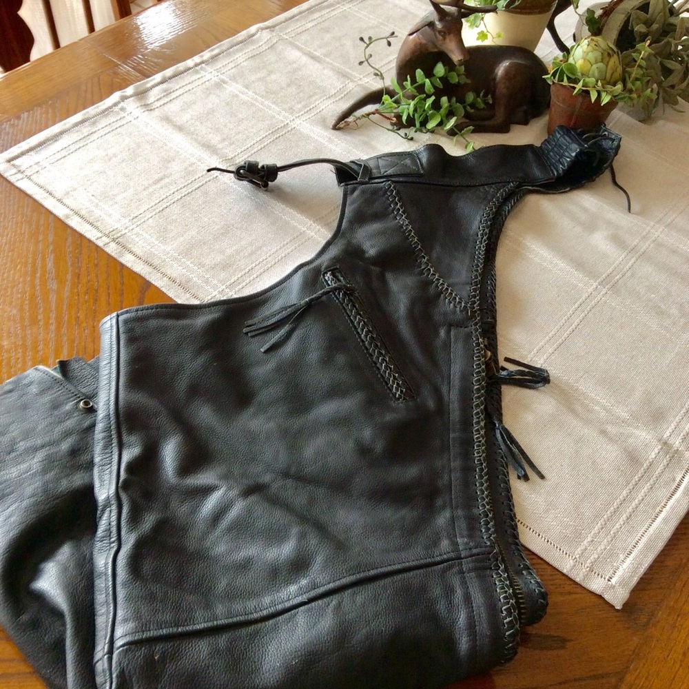 Leather woman’s (men’s)chaps black ,braided accent
